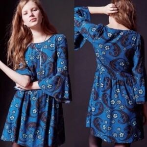 For Love And Lemons Blue Paisley Bell Sleeve Babydoll Mini Dress Sz S Boho FP